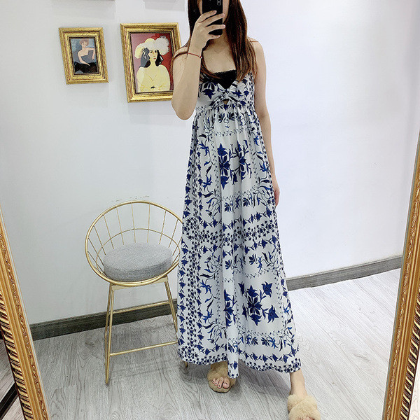 Rochie lungă casual de damă, cu bretele subțiri și model