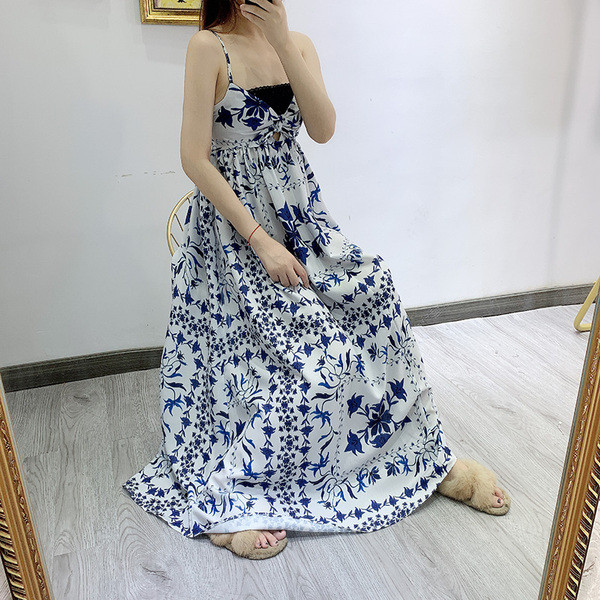 Rochie lungă casual de damă, cu bretele subțiri și model