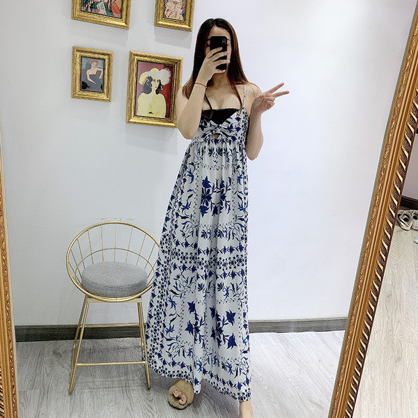 Rochie lungă casual de damă, cu bretele subțiri și model