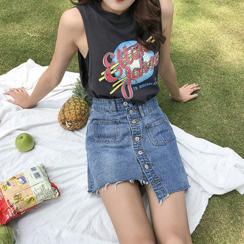 Fusta de damă modernă asimetrică din denim cu nasturi