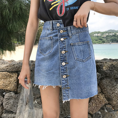 Fusta de damă modernă asimetrică din denim cu nasturi