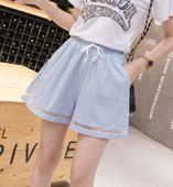 Дамски къси панталони в син цвят с връзки