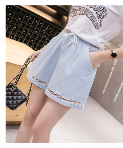 Дамски къси панталони в син цвят с връзки