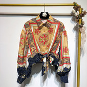 Cămașă de damă cu mâneci lungi și legături în talie cu model cu model