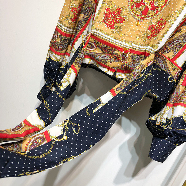 Cămașă de damă cu mâneci lungi și legături în talie cu model cu model