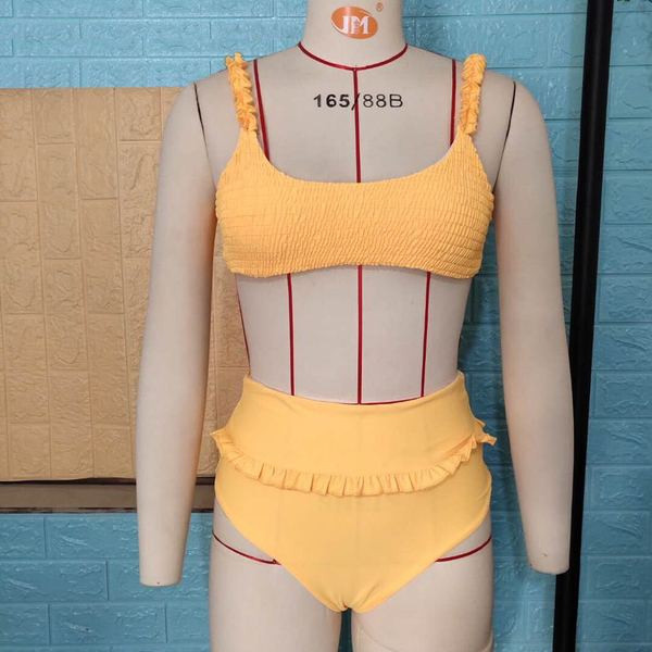 Γυναικέιο κομψώ μαγιό με  ψηλή μέση με κίτρινο χρώμα