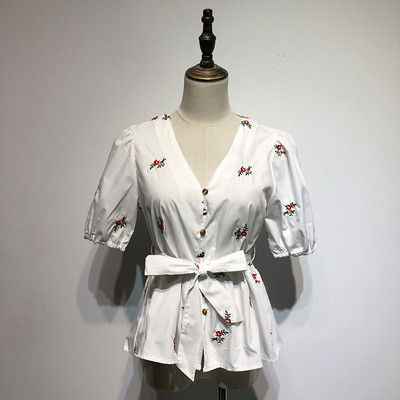 Cămașă de damă cu mânecă scurtă, albă, cu broderie