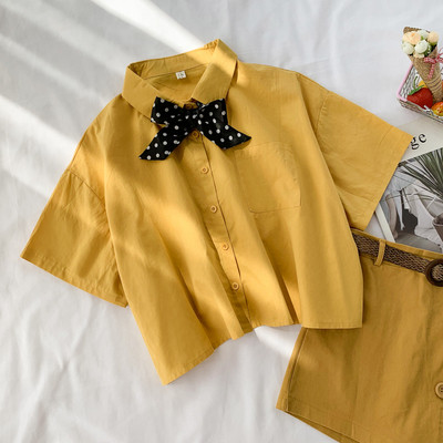 Дамска риза с къс ръкав и панделка