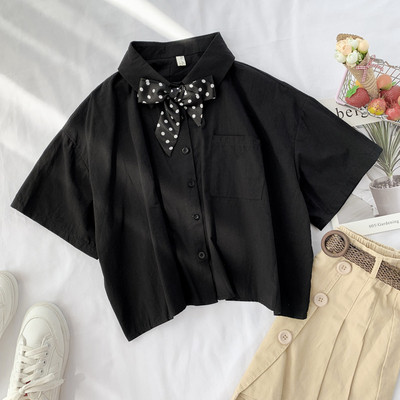 Дамска риза с къс ръкав и панделка