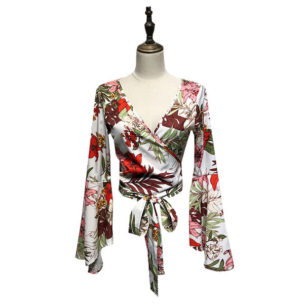 Bluză de damă cu mâneci lotus și legături în talie cu model floral