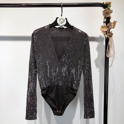 Body elegant de dama cu maneci lungi de culoare neagra cu efect stralucitor