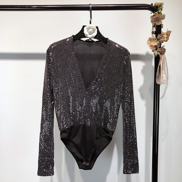 Body elegant de dama cu maneci lungi de culoare neagra cu efect stralucitor