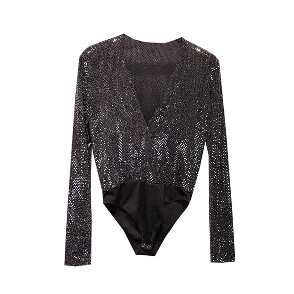 Body elegant de dama cu maneci lungi de culoare neagra cu efect stralucitor