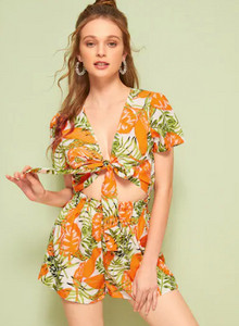 Дамски летен комплект с цветен десен от две части 