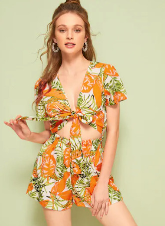 Дамски летен комплект с цветен десен от две части 