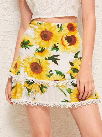 Fusta de vara dama cu talie inalta si model floral