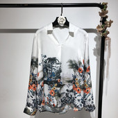 Cămașă de damă cu mânecă lungă și guler clasic alb cu model floral