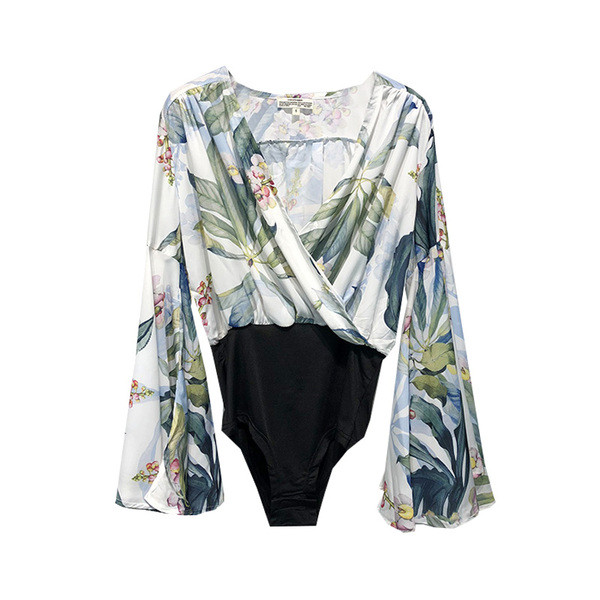 Body elegant de damă cu mâneci lungi lotus și model floral