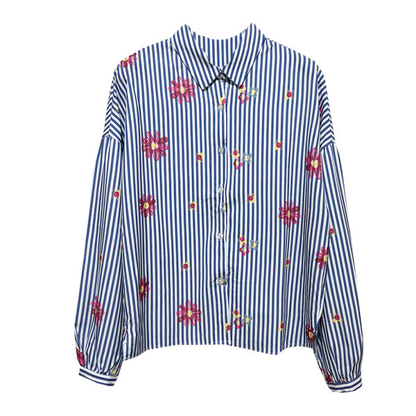 Cămașă de damă cu mâneci lungi în dungi, cu flori