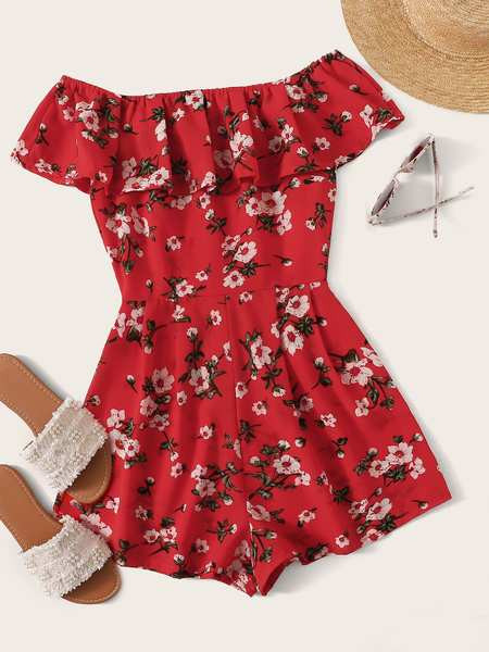 Κομψή γυναικεία ολόσωμη φόρμα  με floral πριντ σε κόκκινο χρώμα