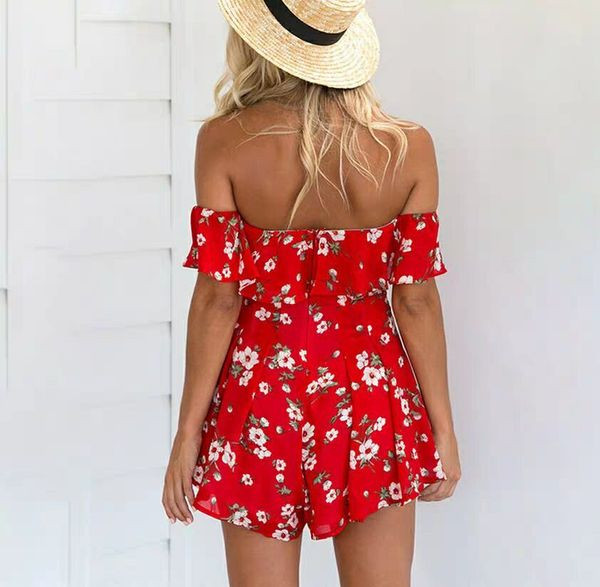 Κομψή γυναικεία ολόσωμη φόρμα  με floral πριντ σε κόκκινο χρώμα