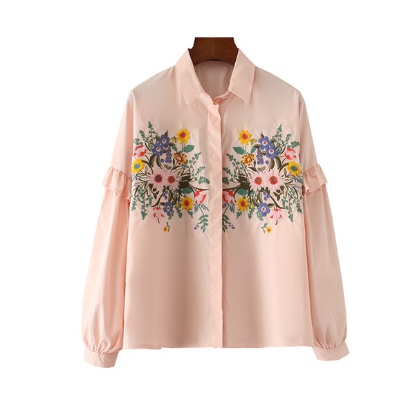 Cămașă de damă cu mânecă lungă de culoare roz cu broderie