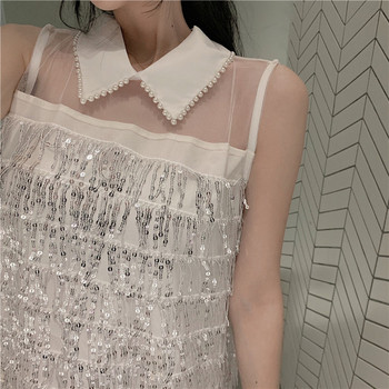 Стилна дамска рокля с елемент -пайети в бежов и черен цвят