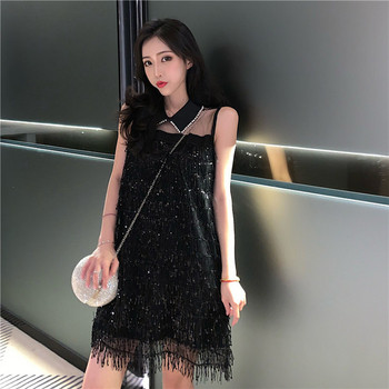 Стилна дамска рокля с елемент -пайети в бежов и черен цвят