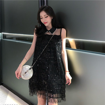 Стилна дамска рокля с елемент -пайети в бежов и черен цвят