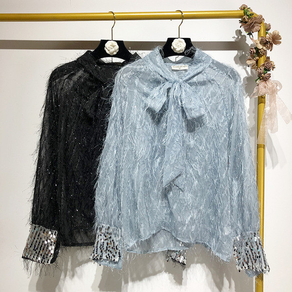 Bluza eleganta de dama cu paiete si cravate decolteu in doua culori