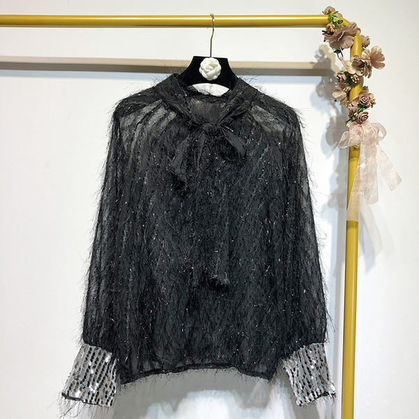 Bluza eleganta de dama cu paiete si cravate decolteu in doua culori