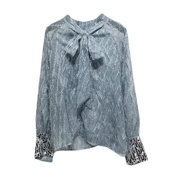 Bluza eleganta de dama cu paiete si cravate decolteu in doua culori