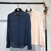 Cămașă elegantă de șifon de damă cu guler clasic cu pietre în două culori