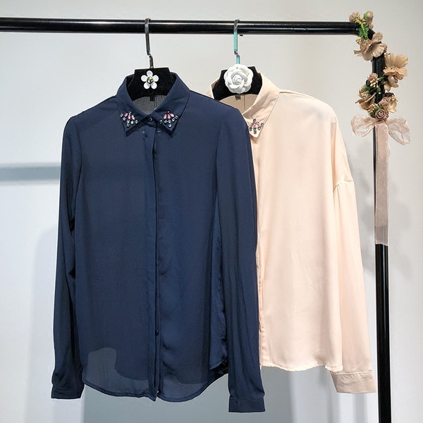 Cămașă elegantă de șifon de damă cu guler clasic cu pietre în două culori