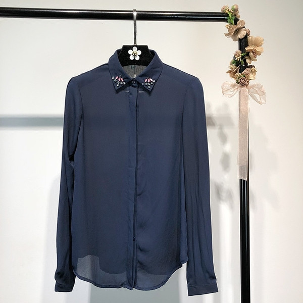 Cămașă elegantă de șifon de damă cu guler clasic cu pietre în două culori