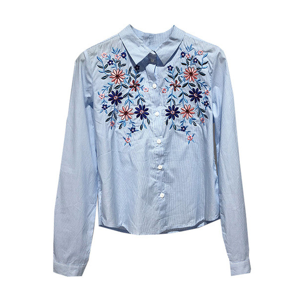 Cămașă cu mânecă lungă în dungi de culoare albastră, cu broderie