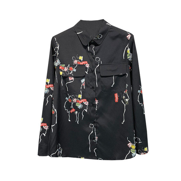 Cămașă casual cu mâneci lungi și buzunare negru cu model