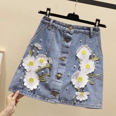 Fusta de dama din denim cu motive florale cu talie inalta