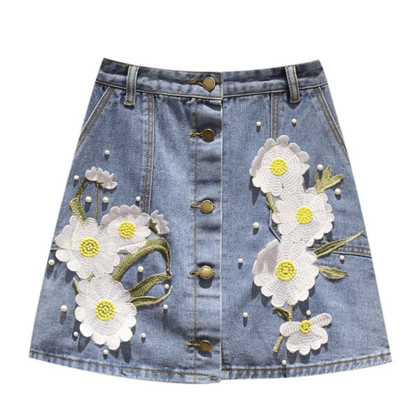 Fusta de dama din denim cu motive florale cu talie inalta