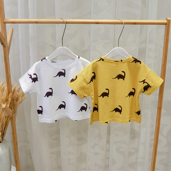 Tricou pentru copii pentru baieti cu decolteu O in alb si galben