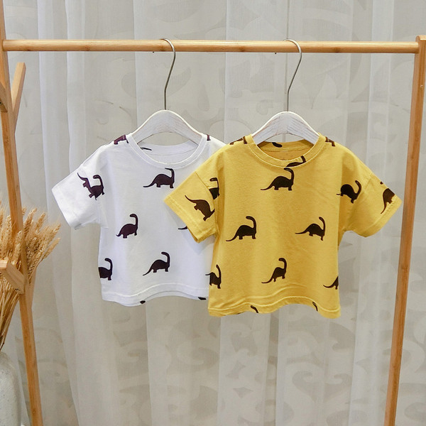 Tricou pentru copii pentru baieti cu decolteu O in alb si galben