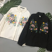 Cămașă de damă cu mâneci lungi și broderie în alb și negru