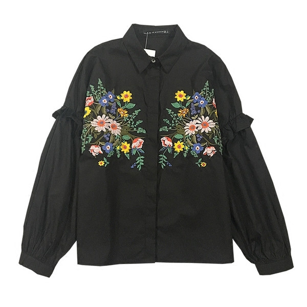 Cămașă de damă cu mâneci lungi și broderie în alb și negru