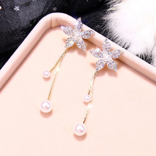 Cercei eleganti de dama cu pietre si perle in doua culori