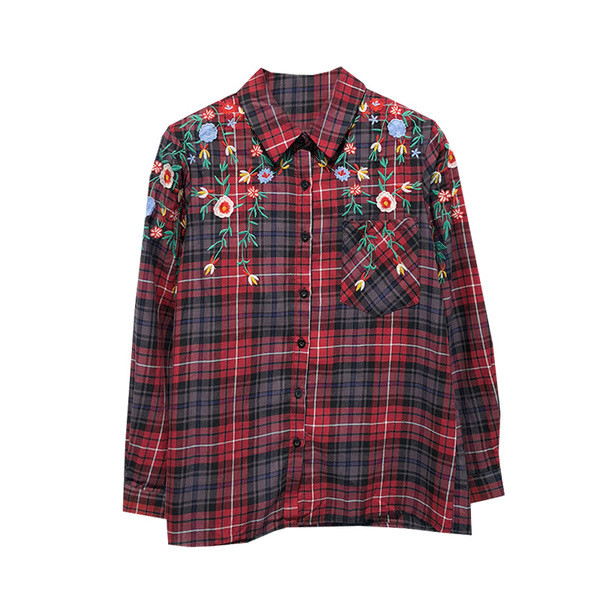 Cămașă damă în carouri cu broderie