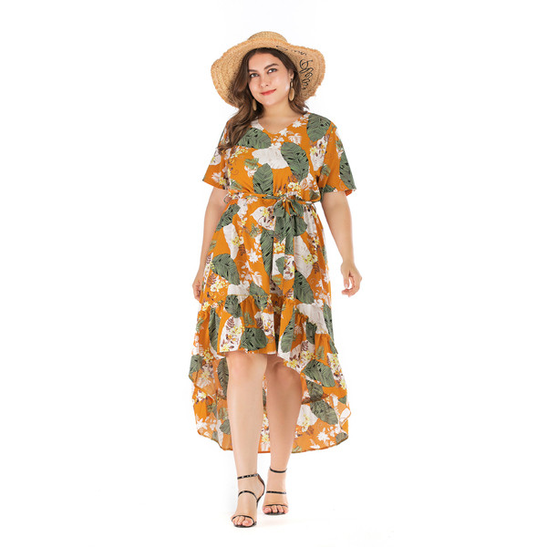 Дамска рокля с флорален мотив асиметричен модел от XL до 4XL 