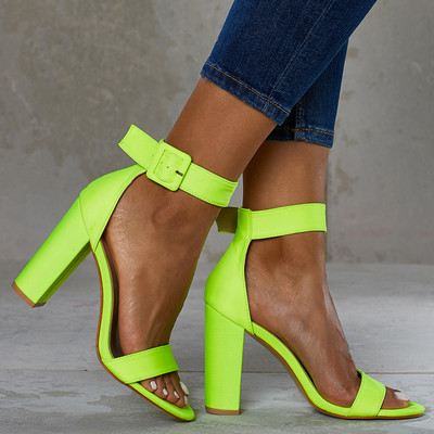 Модерни дамски сандали с висок ток в розов, зелен и оранжев цвят
