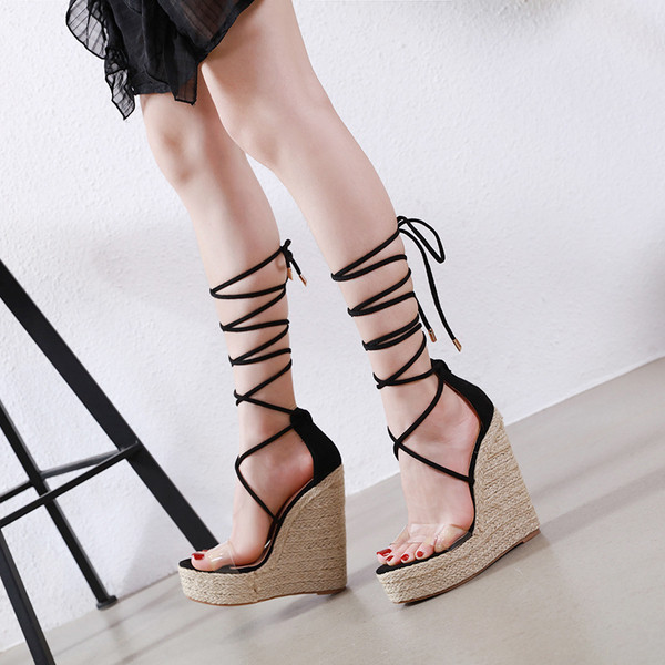 Sandale de dama moderne cu sireturi si platforma in doua culori