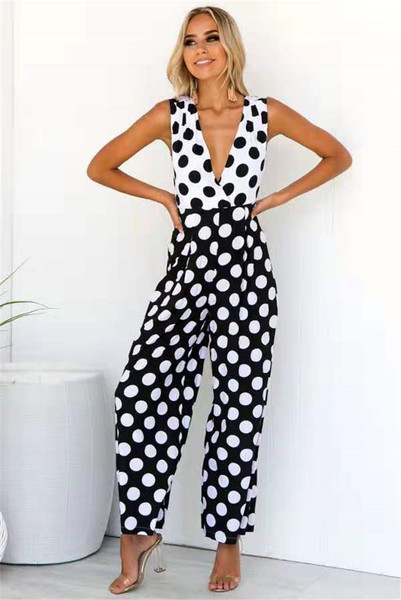 Salopetă lungă de damă cu buline în alb-negru