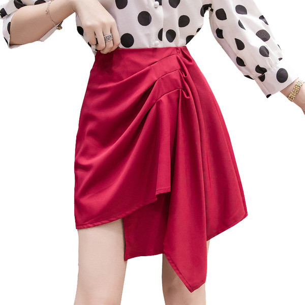 Fusta moderna asimetrica de dama in rosu si negru cu talie inalta